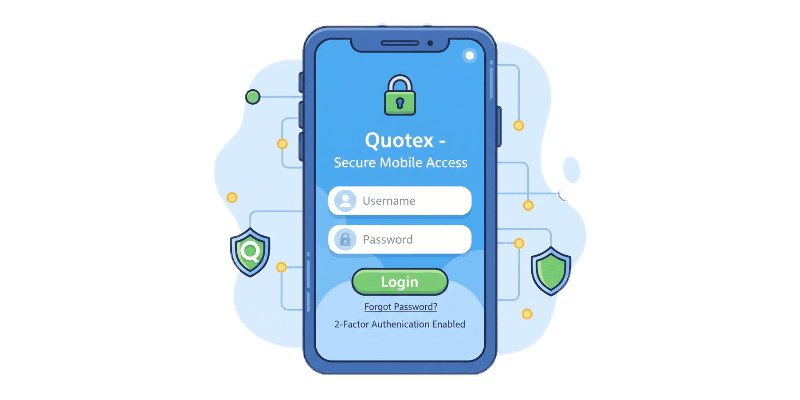 Uma mão segurando um smartphone com a tela de login do aplicativo Quotex.