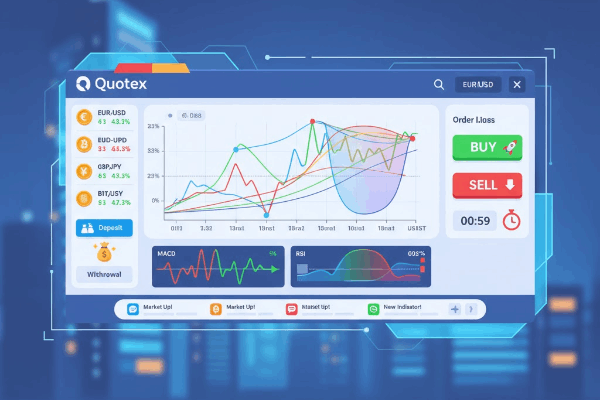 Tangkapan layar platform trading Quotex yang menampilkan berbagai fitur dan alat analisis.