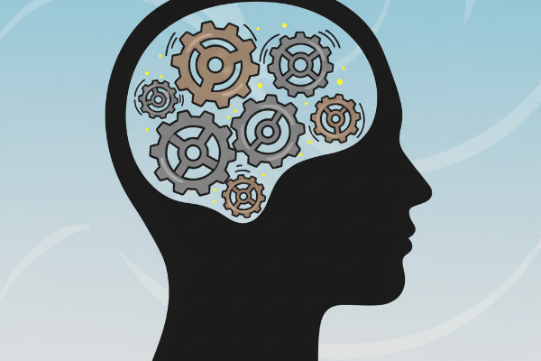 Silhouette of a person's head with gears inside, symbolizing thought process.