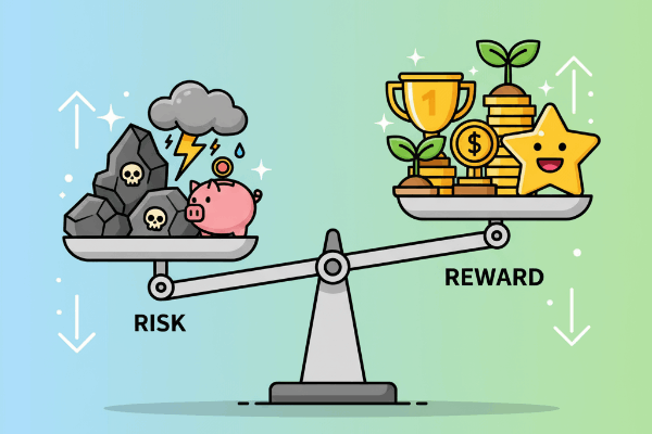 Illustration of a balanced scale representing risk vs. reward.