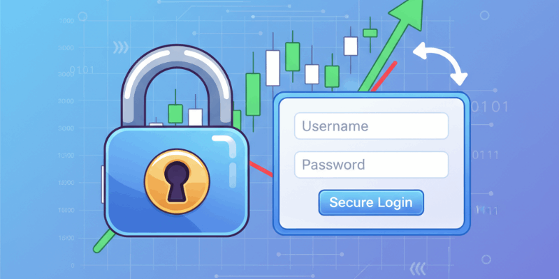 Uma imagem estilizada mostrando um ícone de cadeado em um gráfico de negociação, simbolizando login seguro.