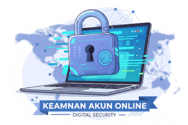 Ilustrasi gembok digital dan perisai yang melambangkan keamanan akun online.
