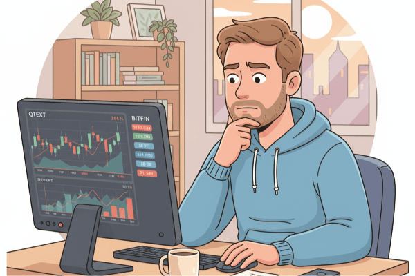A trader looking thoughtfully at charts on a screen.
